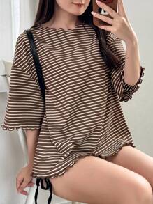 FRIFUL Women's Brown And White Wavy Frill Trim Striped Loose Tee,Summer Casual City Break Short Sleeve Contrast Trim Top,Outdoor Aesthetic Back To School - Rust Brown - View 5