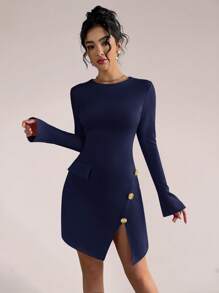 Glamine 女式圆领破洞纽扣喇叭下摆长袖连衣裙 - 藏蓝色 - 查看 4