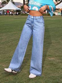 SHEIN PETITE Women's Loose Fit Wide Leg Pockets Casual Versatile Jeans - Medium Wash - View 4