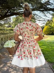 Glamine Gramin女装杏色V领泡泡袖收腰碎花优雅浪漫节日时尚夏装女士法式纯色甜美碎花网纱蓬蓬公主短裙夏季女士生日连衣裙女士沙滩裙节日连衣裙茶会连衣裙约会派对