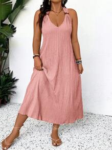 SHEIN Frenchy Vestido largo de verano con cuello en V y tiras de hombro con adornos de aro de madera, tela fluida texturizada, vestido de playa de verano de talla grande en colores pastel, vestido largo de playa de verano para mujeres