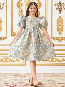 SHEIN Tween Girls' Elegant Floral Jacquard Puff Sleeve V-Back Butterfly Decor Midi Dress - Blue - View 2