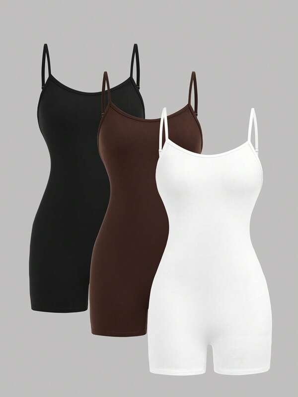 SHEIN Girlism Set de 3 monos/bodys de punto de unicolor para adolescentes, se pueden usar como ropa exterior, deporte y casual, mono para el hogar, ajuste elástico para correr, deporte, mono de yoga