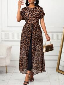 SHEIN Lady Damen elegante lässige Urlaubs-Leoparden-Muster Taille-geschlossene Schlitz-Rundhals-Fließende Bluse, Urlaubs-Frauen Gepard-Muster Ausgeh-Oberteile, Frauen Boho Flughafen, für Frauen Brunches, für Frauen Klassisch, Fließendes Oberteil