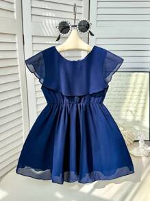 SHEIN Đầm hè đơn giản không tay cho bé gái, chất liệu vải ngọc trai, viền bèo nhún, cạp chun, màu trơn thoải mái, thích hợp mặc ngoài và ở nhà, đầm màu xanh navy cho bé gái, đầm màu xanh hoàng gia cho bé gái. - Màu xanh hải quân - Xem 3