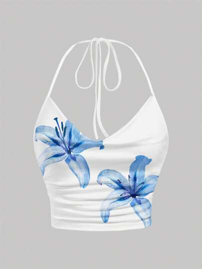 SHEIN EZwear Blusa casual minimalista con stampa di giglio blu, modello isola ragazza, collo alto con fiocco, aderente, versatile, adatta per estate, spiaggia, festival musicali, vacanze, Miami in estate