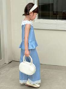 SHEIN Conjunto de top sin mangas con cuello de volantes y pantalones largos estilo princesa coreano y japonés para niñas jóvenes - Azul y blanco - Ver 7