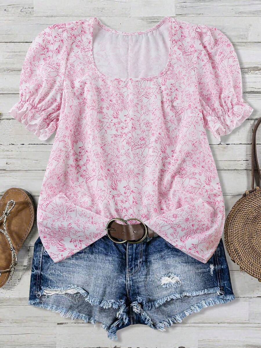 Linhara Plus Size Women Square Neck Floral Print Puff Sleeve Blouse, Vacation Style - Multicolor - View 1