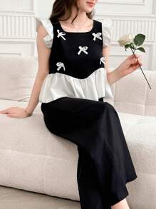 WESTFADE Young Set elegante da 2 pezzi per adolescenti e donne di taglia petite, composto da top con maniche a campana e fiocco, e pantaloni a gamba ampia, adatto per vacanze