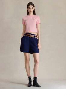 SHEIN EZwear 休闲简约图案圆领短袖短款修身女式 T 恤 - 淺粉色 - 查看 6