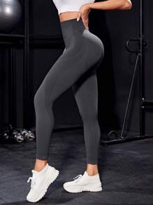 SHEIN Sports 纯色高腰无缝紧身瑜伽裤女士 - 深灰色 - 查看 6