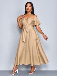 SOLERSUN Women's Elegant Resort Dress With Bateau Neckline And Slim Fit, Suitable For Vacation, Daily Life And Dating - Apricot - View 4