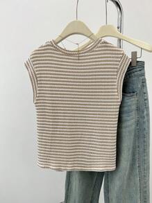 SHEIN Áo thun tay ngắn cổ tròn kẻ sọc đơn giản cho bé gái tuổi teen, tối giản và thoải mái cho trang phục hàng ngày/ở nhà - Màu be - Xem 2