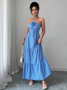 YkhahaElenzga Vestido de playa largo a rayas con decoración de flores 3D para mujeres, Verano 2025Ykhaha - Azul y blanco - Ver 6