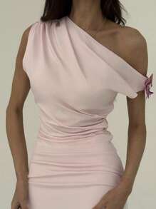 Aloruh Vestido mini asimétrico de hombro con volantes, ajustado y con flor 3D en el lateral para mujeres, ideal para citas románticas en primavera/verano - Rosa Pálido - Ver 1