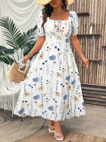 SHEIN Clasi 大码女式夏季假日花卉印花前系带短款泡泡袖连衣裙，侧开衩下摆，优雅长款女装 - 白色 - 查看 1