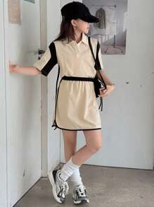 DAZY Girls Fall Outfit: Contrast Collar Short Sleeve T-Shirt + Skirt Fashion Set, Summer - Khaki - View 3
