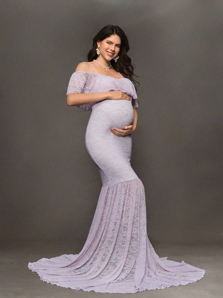 SHEIN Maternity Ruffled Lace Off-Shoulder Dress For Photoshoot, Baby Christening, Party - Mauve Purple - View 1