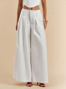 SHEIN BAE Women's White Solid Color Twill Pleated Pocket Simple Low Waist Trousers, Suitable For Commuting, Leisure, Fashion Going Out, Retro Style, Office Wear, Autumn Women's Pants, Wide Leg Pants, Casual Pants, Loose Wide Leg Pants,Fall Clothes ,Back To School,Old Money Style Women,Stockholm Style,Business Casual Woman