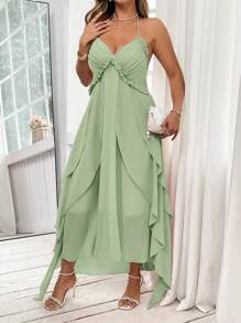 Vionelle Plus Size Women's Elegant French Style Ruffle Backless Spaghetti Strap Dress, Pink - Green - View 5