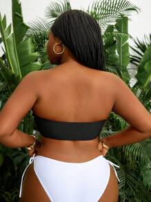 Slaydiva Plus Size Sexy Animal Print Bandeau Bikini Top With Drawstring For Summer Beach Vacation - Black - View 2