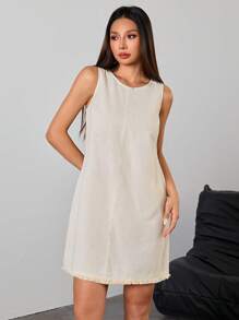 女士亚麻简约休闲无袖圆领迷你连衣裙，夏季演唱会服装，适合返校穿着 - 米色 - 查看 4