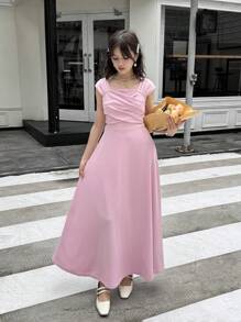 SHEIN 少女优雅夏季纯白色简约方领百褶连衣裙 - 粉色 - 查看 5