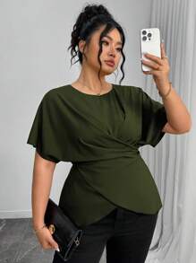 Elenzga 女士优雅抽绳蝴蝶结腰休闲衬衫，通勤舒适，夏季橄榄绿上衣深绿色上衣裹身上衣女士时尚上衣不对称上衣 - 軍綠色 - 查看 6