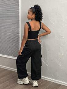 SHEIN Tween Girl Casual Streetwear Solid Color Knit Cami Top And Jogger Pants Set - Black - View 2