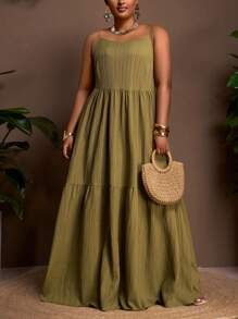 Veslaya 2025 Plus Size New Arrival Summer Green Solid Color Comfortable Stretchy Sleeveless Loose A-Line Dress - Army Green - View 14