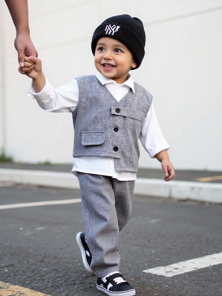 嬰兒男孩3件套裝，側口袋無袖背心，純色翻領襯衫，休閒褲裝扮 - 淺灰色 - 查看 1