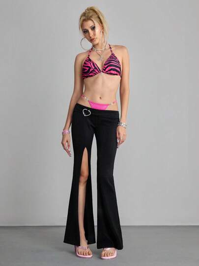 Kawaii Pantalon taille basse fendu sexy à strass en forme de cœur pour femmes