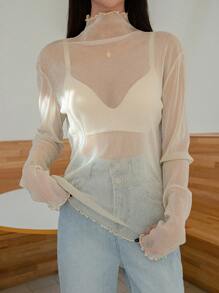 DAZY Lettuce Trim Mock Neck Mesh Top Without Bra Going Out Tops Sheer,Back To School Clothes