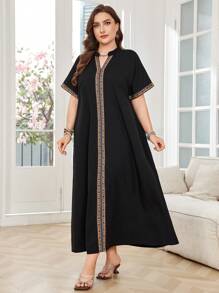 Lacomfia Plus Size Short Sleeve Solid Color Lace Trim Dress For Women - Black - View 4