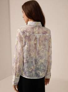 Zanirela Gold Embroidered Jacquard Elegant Long Sleeve Shirt For Commute Fall Cloth For Women - Purple - View 3
