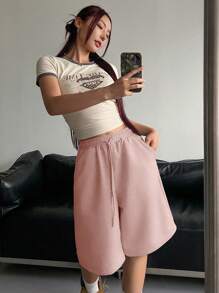 DAZY Pantalones cortos casuales con cintura elástica y cordón, versátiles para usar con suéteres en verano - Rosa - Ver 2