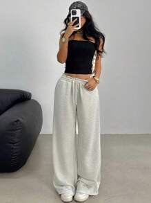 Teen Girls Casual Loose Fit Low Waist Drawstring Waistband Wide Leg Sweatpants, Suitable For Spring, Summer, Autumn And Winter Fall