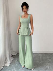 Elenzga 2 件套：无袖露背短款上衣，系带细节 + 阔腿裤，时尚休闲搭配套装，2025 年春夏 - 薄荷綠 - 查看 6