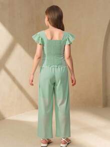 Tween Girl Mint Green Summer Tea Party Elegant V-Neck Short Sleeve Cropped Shirt & Elastic Waist Loose Chiffon Straight-Leg Outfit,Breathable Set - Green - View 2