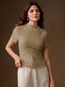 Anewsta 夏季、优雅、度假、节日、海滩、节日、Oldmoney 春季优雅休闲女士针织纹理抗皱百搭杏色短袖 T 恤 - 卡其色 - 查看 7