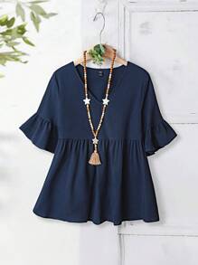 EMERY ROSE Camisa casual de verano de unicolor con cuello en V y bajo con volantes, para tallas grandes, verano