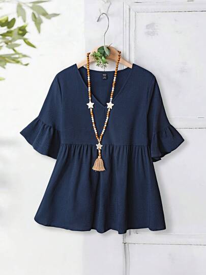 EMERY ROSE Plus Size Summer Countryside Solid Color V-Neck Ruffle Hem Casual Shirt, Summer