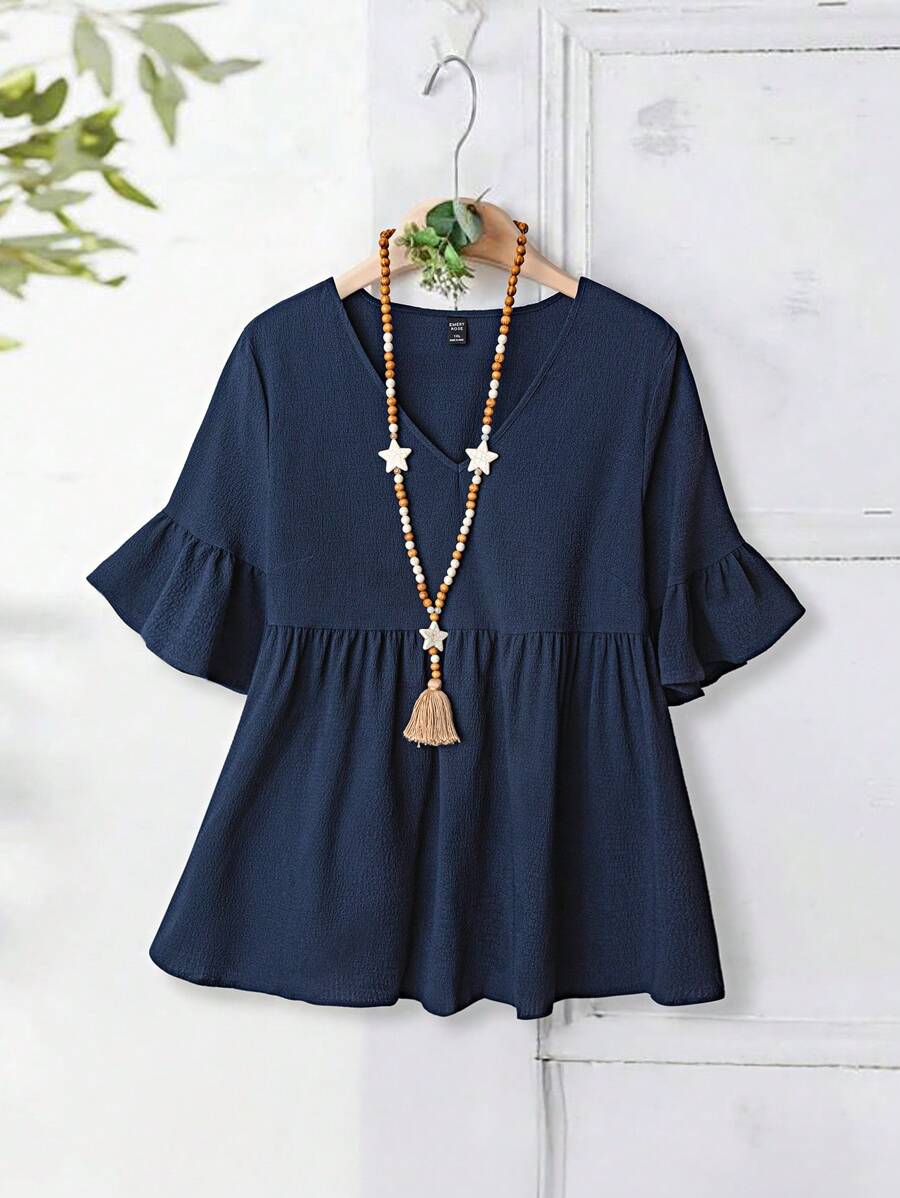 EMERY ROSE Camisa casual de verano de unicolor con cuello en V y bajo con volantes, para tallas grandes, verano