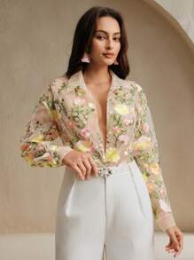 Anewsta Áo dài tay cổ bẻ thêu trang trí cho nữ mùa hè - Màu be - Xem 6