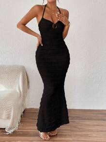 SHEIN PETITE 纹理前襟装饰挂脖女式美人鱼长裙女装 - 黑色 - 查看 3