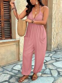 SHEIN LUNE 加大码 V 领纹理面料连体裤，带口袋和松紧腰带，适合休闲、居家、度假