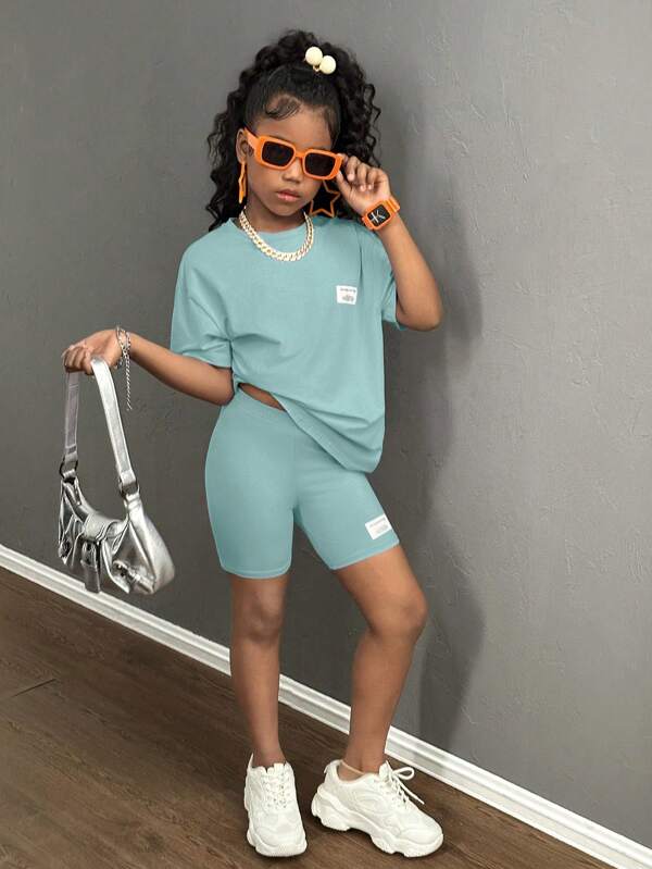 SHEIN 2pcs/Set Tween Girls Casual Fashion Loose T-Shirt And Tight Cycling Shorts, Two Pieces Outfit For Daily Wear
