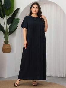 SHEIN Najma 女士宽松休闲传统阿拉伯风格长裙，夏季 - 寶藍色 - 查看 4