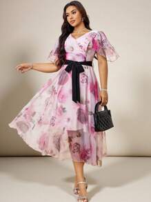 Modelyn Plus Size Floral Print V-Neck Belted Short Sleeve Elegant Dress