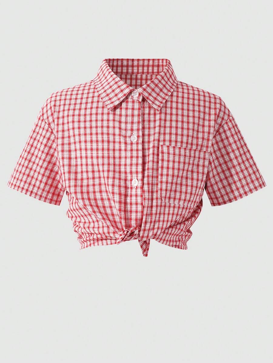 SHEIN Explorewe Blusa de cuadros rojos vintage para niña preadolescente, top casual de manga corta para volver al colegio 2025, adecuado para el estilo preppy y deportivo de los niños - Rojo - Ver 1